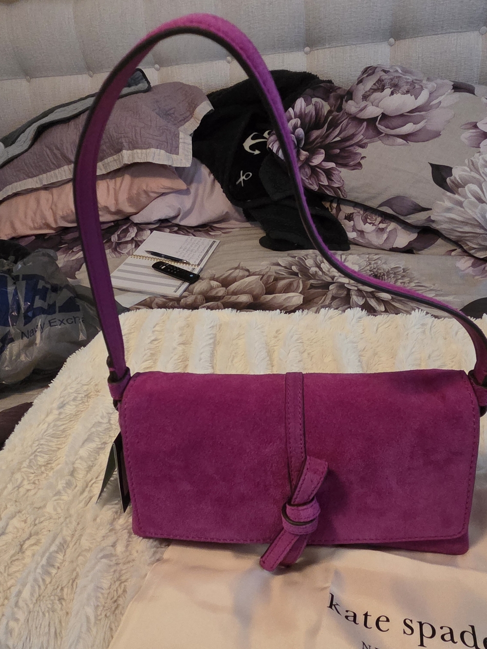 kate spade fuchsia suede knotted shoulder bag